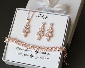 Personalized bridesmaid gift Wedding earrings necklace bracelet SET bridal earrings bridesmaid jewelry CZ drop earrings Rose gold Silver SET