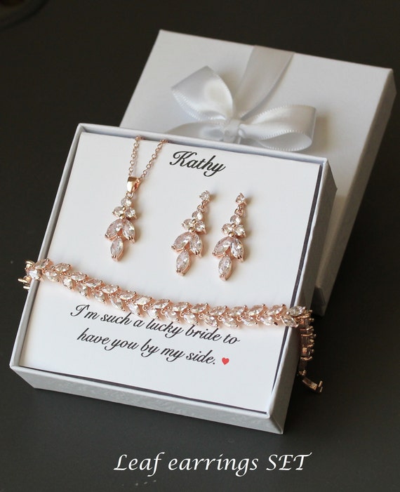 Personalized bridesmaid gift Wedding earrings necklace bracelet SET bridal earrings bridesmaid jewelry CZ drop earrings Rose gold Silver set