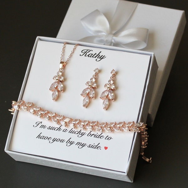 Personalized bridesmaid gift Wedding earrings necklace bracelet SET bridal earrings bridesmaid jewelry CZ drop earrings Rose gold Silver SET