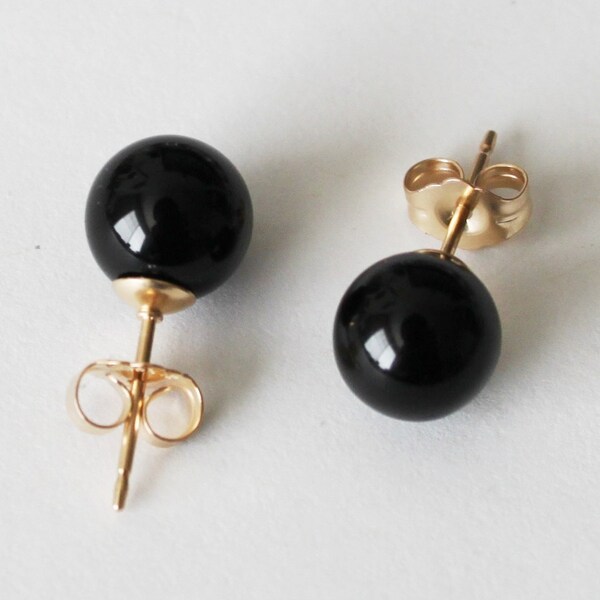 8 mm or 10 mm Gold Black Onyx stud earrings,  Pitch black post earrings, 14K Gold filled, Black studs, black stone ball earrings Black studs