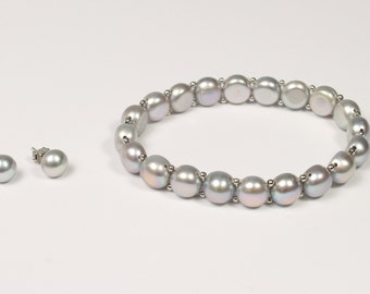Genuine gray fresh water pearl bracelet earrings set, Gray pearl bracelet, Gray pearl stud earrings, Sterling silver, Bridesmaid gift set