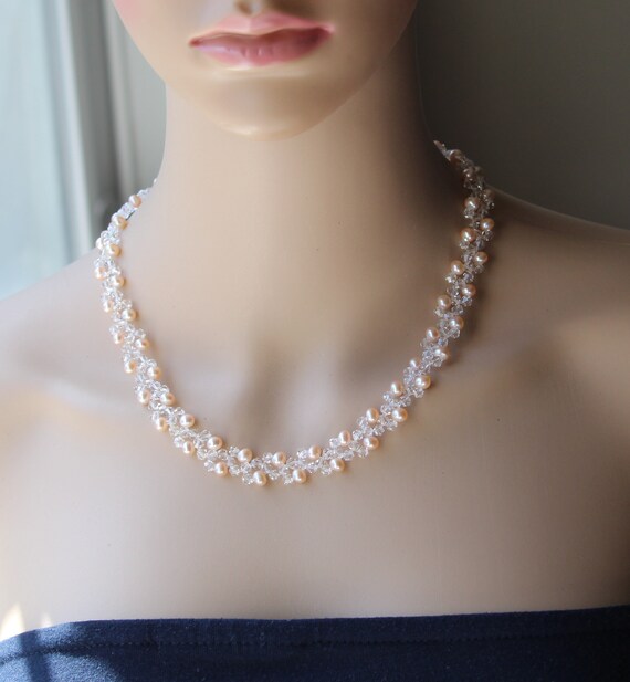 Pearlland88 Genuine Peach Champagne Pearl Necklace Bracelet Earrings Set Wedding Pearl Set Peach Pearl Bracelet Earrings Set Pink Pearl Wedding Necklace