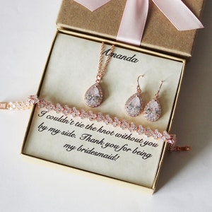 Bridal party jewelry, Bridesmaid gift, Bridal bracelet earrings necklace set, Bridesmaid earrings, Rose gold zirconia jewelry, Wedding gift