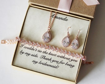 Smycken till brudtärnan, present till brudtärnan, halsbandsset med armband och örhängen, örhängen till brudtärnan, smycken med zirkoniumoxid i roséguld, bröllopspresent