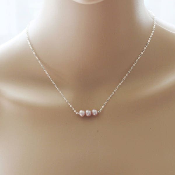 Lavender pink fresh water pearl necklace, Real pearl necklace, Triple pearl necklace, Bridesmaids necklace, Bridesmaids jewelry gift