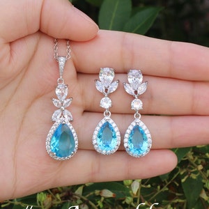 Aquamarine bridal necklace earrings set blue wedding jewelry Bridal bracelet earrings Bridesmaids jewelry set Aqua blue bridal necklace XY1