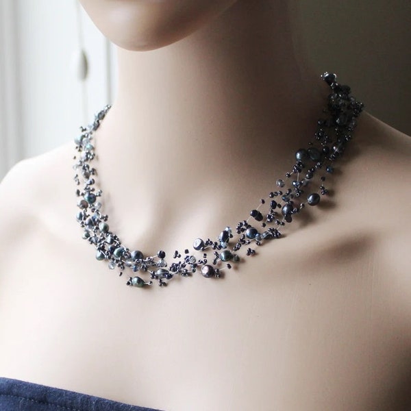 Multi strands dark peacock blue real pearl floating Necklace Sterling silver Bridal pearl illusion necklace Black pearl necklace Mother gift
