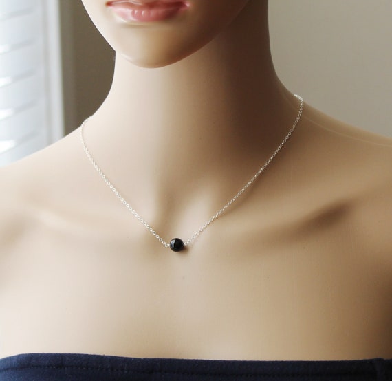 Single Bead Floating Necklace with Black Onyx Bead Sterling Silver Single Bead Floating Necklace with Black Onyx Bead Sterling Silver