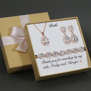 Custom bridesmaid gift, Personalized CZ necklace earrings bracelet SET Custom engraving Bridesmaid earrings set Bridesmaid bracelet earrings