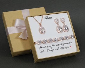 Custom bridesmaid gift, Personalized CZ necklace earrings bracelet SET Custom engraving Bridesmaid earrings set Bridesmaid bracelet earrings