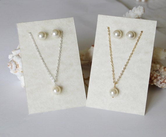 Bridesmaid gift SET-Silver Pearl necklace earrings-Bridesmaid earrings-Rose gold Wedding gift-Bridal jewelry set-Bridesmaid Earring bracelet