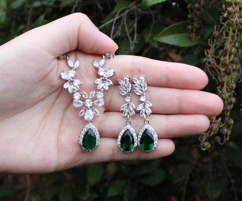 Emerald wedding earrings necklace bracelet set Bridal jewelry set Emerald green bridal necklace bridal jewelry set Emerald bridal earrings zdjęcie 3