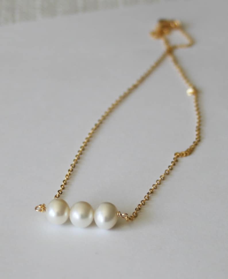 Fresh water pearl necklace, pearl bar, triple pearl necklace 14K gold filled, Sterling silver Bridesmaids necklace, Rose Gold pearl necklace image 2