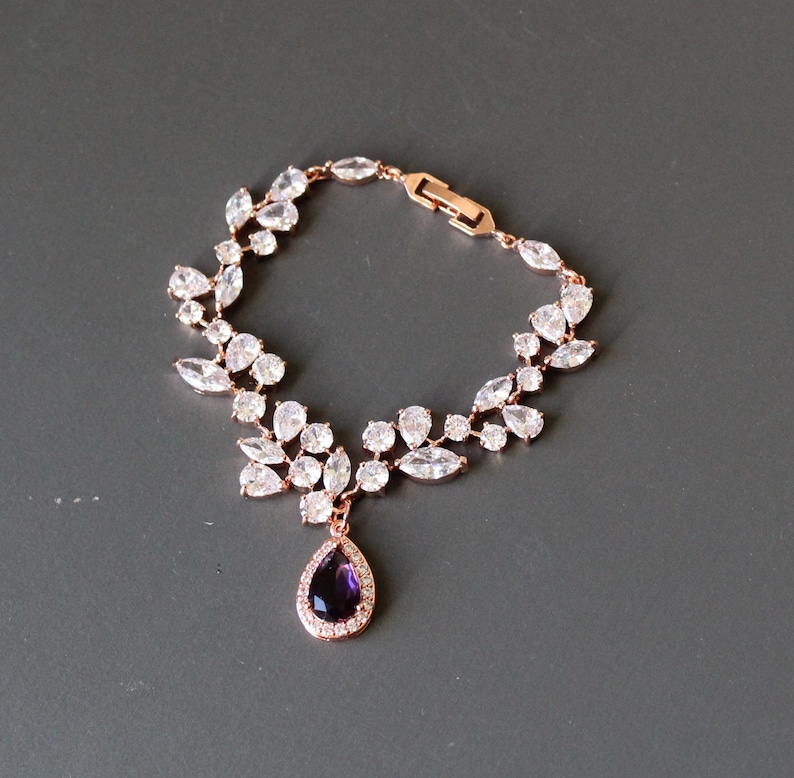 Plommonlila brudsmyckeset: Halsband, örhängen och armband med kubisk zirkonia bild 5