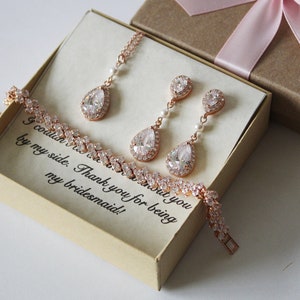 Bridesmaid jewelry set, Rose gold Tear drop Cubic Zirconia pearl earrings bracelet necklace set, Bridesmaid gift, Gold bridesmaid earrings image 1
