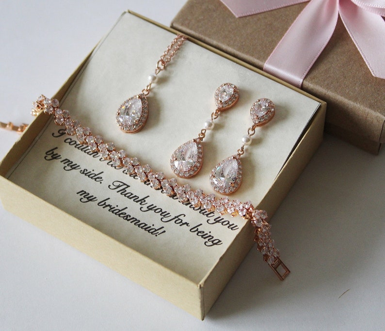 Bridesmaid jewelry set, Rose gold Tear drop Cubic Zirconia pearl earrings bracelet necklace set, Bridesmaid gift, Gold bridesmaid earrings image 1