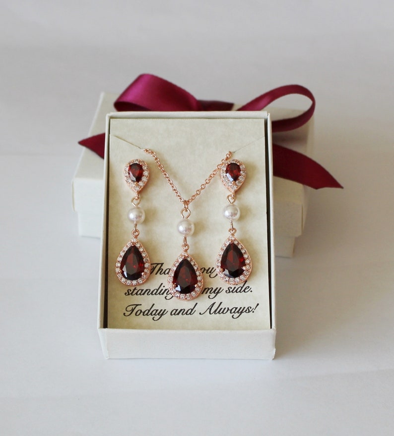 Garnet bridesmaid earrings Wedding bridesmaid jewelry Bridal earring necklace set Bridesmaid gift Burgundy red bridal necklace earrings