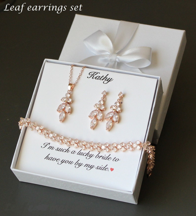 Personalized bridesmaids gift Bridesmaid earrings bracelet Engraved bridesmaid jewelry Bridal earrings Rose gold Silver Gold wedding jewelry image 1