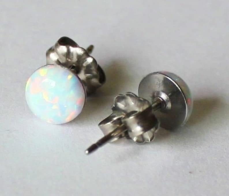 8 Mm White Opal Stud Earrings Titanium Earrings Opal Etsy