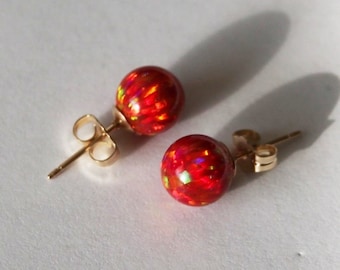 6 mm, 8mm Red fire opal stud earrings, 14K gold filled red opal studs, Red studs,  Birthstone earrings, Christmas gifts, bridesmaid earrings