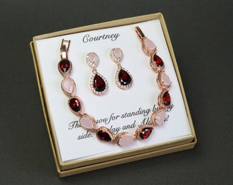 Bourgondische roze opaal bruidsmeisje sieraden set bruidsmeisje oorbellen roze opaal bruidsmeisjes cadeau Blush en bordeauxrode oorbellen armband XY1