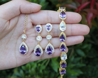 Padrão de cristal personalizado duplo roxo jóias de noiva roxo brincos de casamento de cristal presentes damas de honra roxo e claro conjunto de brincos de pulseira