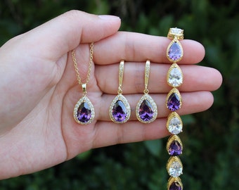 Conjunto de joias de noiva em formato de lágrima, colar, brincos e pulseira de ametista para casamento, presente para madrinhas em ouro com zircônias.