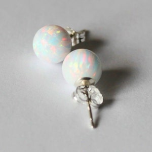 8mm or 10mm fire opal ball stud earrings Sterling silver opal earrings opal jewelry White opal studs Blue opal Birthstone gift Green Opal