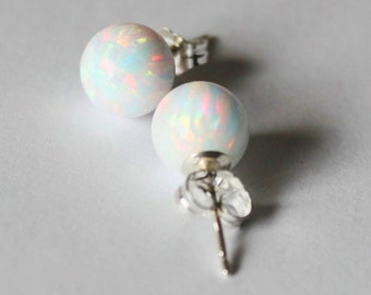 8mm or 10mm fire opal ball stud earrings Sterling silver opal earrings opal jewelry White opal studs Blue opal Birthstone gift Green Opal