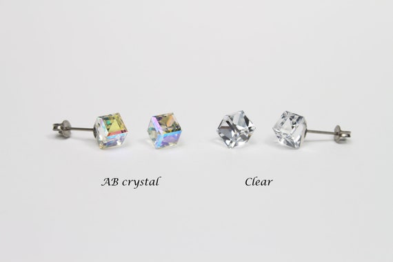 6mm Clear Cube Crystal Stud Earrings, Titanium Earrings, Hypoallergenic, Crystal Studs, Clear White Crystal Earrings Bridesmaid Earring Gift