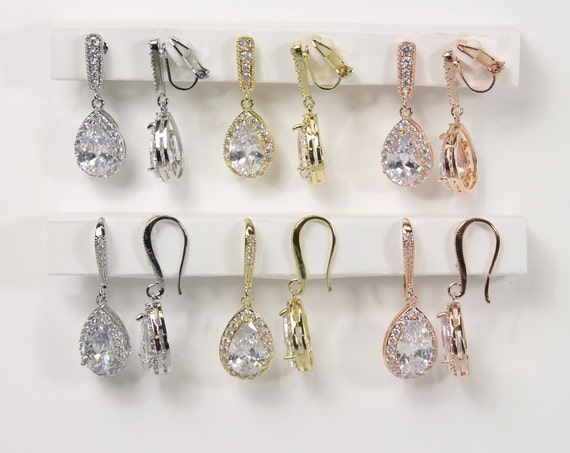 Clip on CZ hook drop earrings Non-pierced ears Clip on rose gold earrings Bridesmaids gifts Clip on bridal party gifts Burgundy Mothers XY1