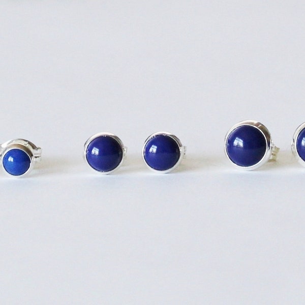 Lapis Blue Howlite stone stud earrings, Sterling silver bezel studs, Deep blue stone earrings, September birthstone gift, Blue gem stud