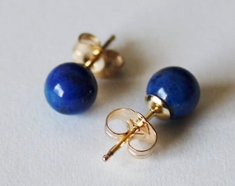 6mm Natural lapis lazuli ball earring studs,  Gold post earrings, 14K Gold Filled earrings, Blue stone studs, Lapis earrings, Blue earrings