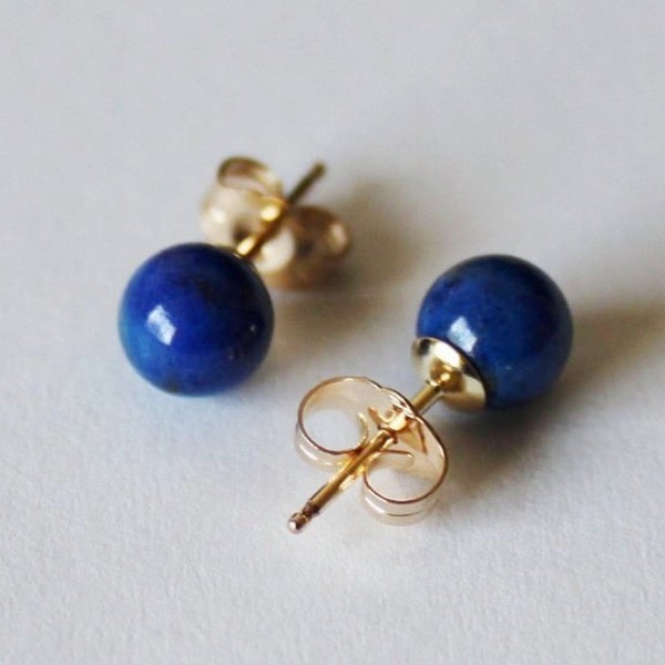 Clous d'oreilles boule en lapis-lazuli naturel de 6 mm, boucles d'oreilles en or 14 carats, clous en pierre bleue, boucles d'oreilles en lapis, boucles d'oreilles bleues