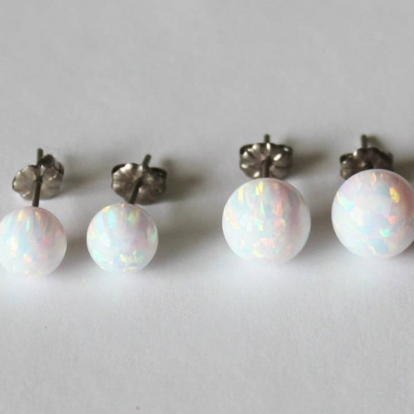 8mm, 10mm custom color Titanium or Niobium opal ball stud earrings, Hypoallergenic opal stud earrings Birthday gift -Fire opal stud earrings