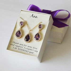 Dark purple bridesmaid jewelry set, Dark purple bridesmaid earrings necklace gift Cubic Zirconia earring Bridal party purple bridesmaid gift