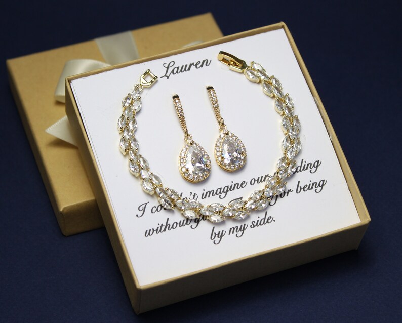 Conjunto CZ de gancho de dama de honor de oro rosa, regalo de damas de honor, collar de dama de honor, conjunto de pendientes de dama de honor, pulsera nupcial de oro, regalo de fiesta nupcial imagen 3