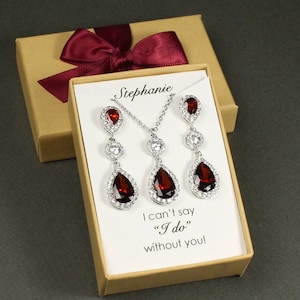 Burgundy bridal earrings Dark red wedding jewelry set Bridal necklace earrings bracelet Bridesmaid jewelry set Silver wedding drop earrings