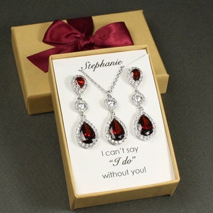 Burgundy bridal earrings Dark red wedding jewelry set Bridal necklace earrings bracelet Bridesmaid jewelry set Silver wedding drop earrings