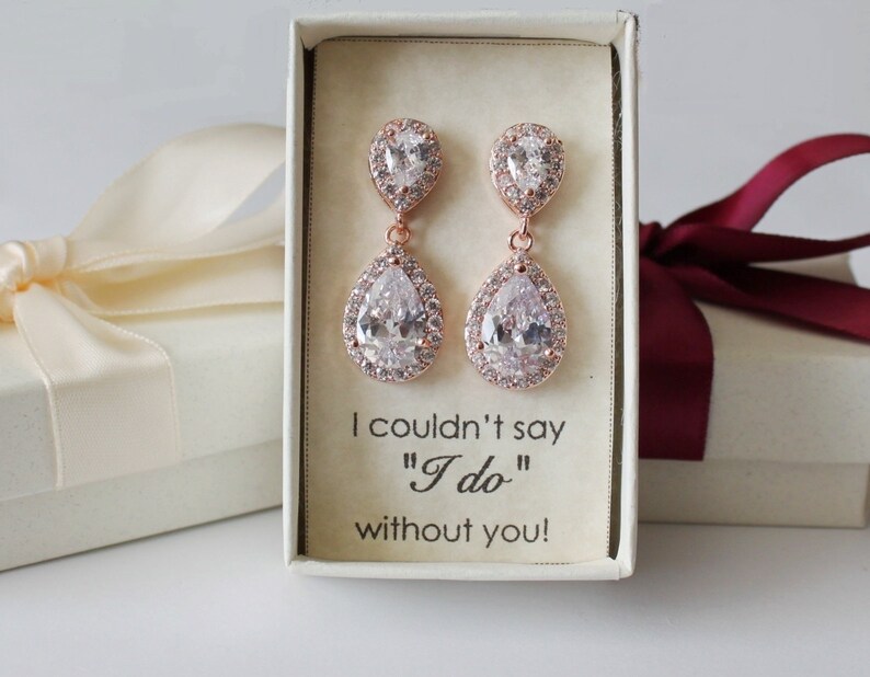 Bridal jewelry set Bridesmaid gift Bridesmaid earrings Rose gold Cubic Zirconia pearl earrings bracelet necklace set Bridal party gift