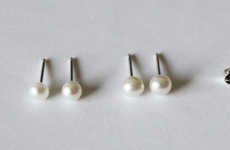 Tiny 3mm, 4mm, 5mm white fresh water pearl studs 14K gold filled earrings small pearl earrings flower girl earrings small pearl studs image 3