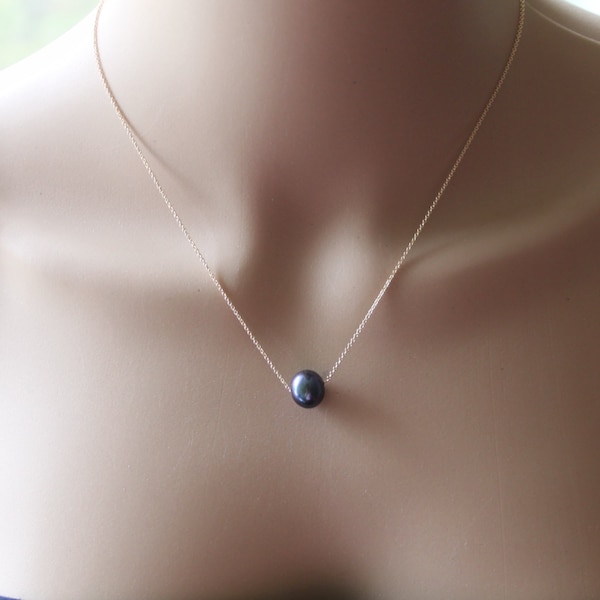 9-9.5 mm genuine black pearl necklace- 14K Gold fill- Sterling silver- Rope chain pearl necklace-Bridesmaid necklace- black pearl necklace