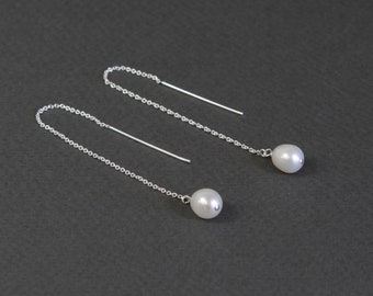 Fresh water pearl sterling silver threader earrings, Pearl threader earrings, Bridesmaid earrings, Long pearl earrings, June birthday gift