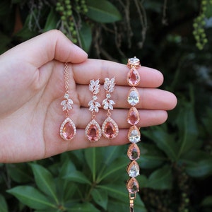 Pink Morganite bridal earrings necklace bracelet set Bridesmaids gifts Bridal jewelry set Pink Morganite set Rose gold wedding jewelry set