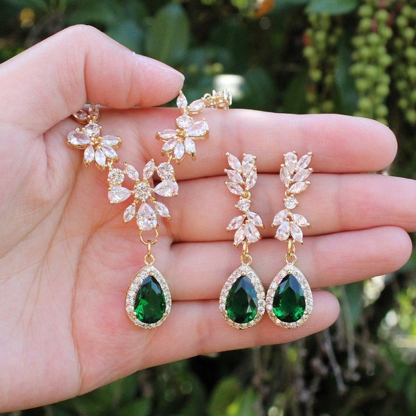 Boucles d'oreilles de mariage émeraude collier bracelet parure de bijoux de mariée Collier de mariée vert émeraude parure de bijoux de mariée boucles d'oreilles de mariée émeraude