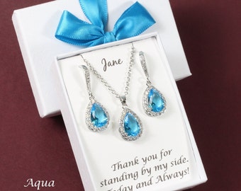 Aqua Blue bridal earrings necklace set Topaz blue bridesmaid necklace Bridesmaids gift Bridal party jewelry December birthstone Aqua blue