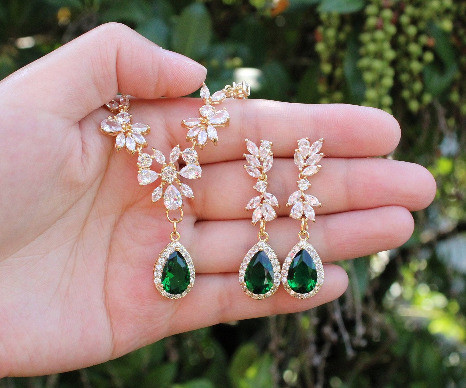 Emerald Wedding Necklace Bride Statement Earrings Necklace Bracelet Set Party Jewelry Set Emerald Green Bridal SET Emerald Jewelry XY1 Etsy