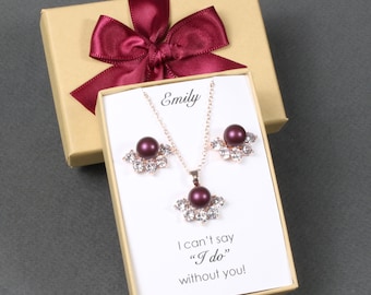 Wijnrode parel bruidsmeisjes oorbellen ketting set bordeauxrode bruidsoorbellen parelstekers bruidsmeisje armband bruidsmeisje parel cadeau paarse wijn