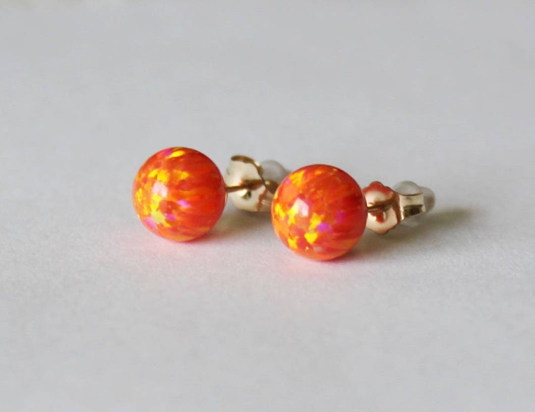 6mm or 8mm Orange Fire Opal Stud Earrings, 14K Gold Fill Opal Studs