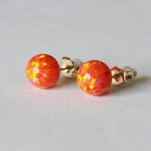 6mm or 8mm Orange fire opal stud earrings, 14K gold fill opal studs, Mexican opal earrings, Gold opal earrings, Summer, Orange opal earrings
